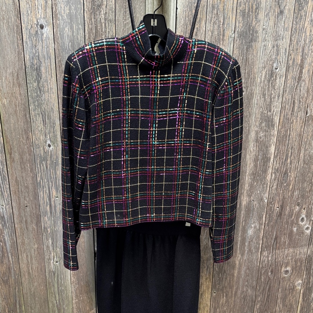 St. John Multicolor shiny beaded plaid Jacket & matching sweater skirt